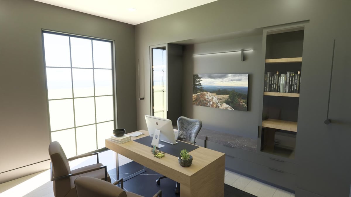 Bort Design custom home office rendering with built-in cabinetry, large windows, and contemporary workspace design in Longview, -optimized