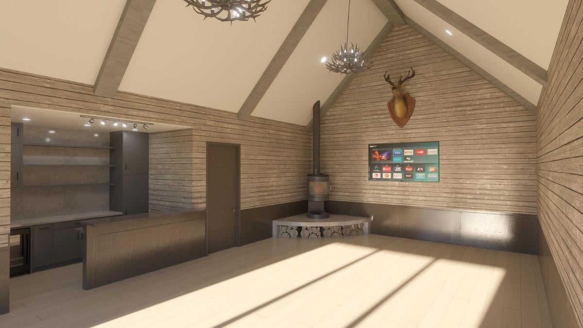 Rustic-inspired custom home game room designed by Bort Design with exposed beams and media wall in Longview, TX.-optimized