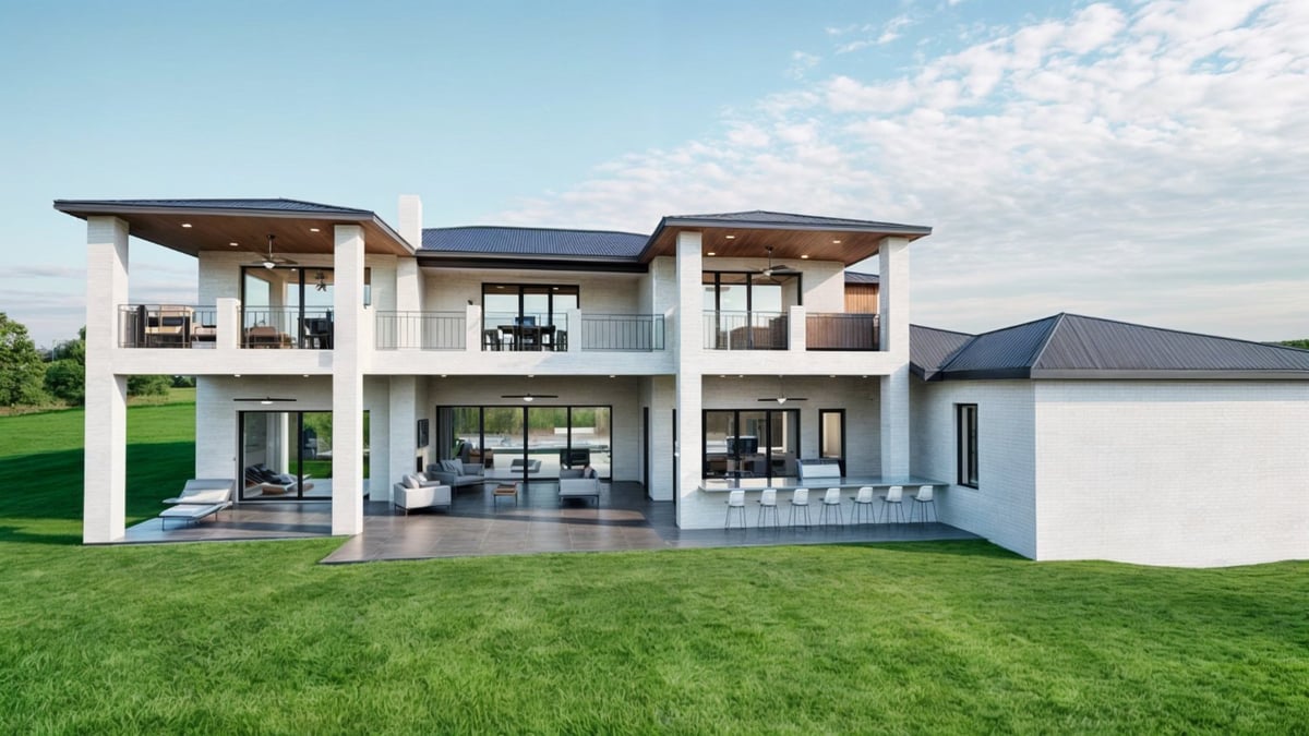 Bort Design custom home exterior featuring a two-story covered patio and expansive outdoor living space in Longview, TX.-optimized