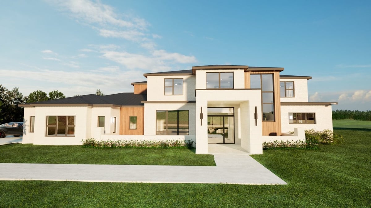 Contemporary custom home front elevation showcasing clean lines and upscale architectural details by Bort Design in Longview, TX-optimized