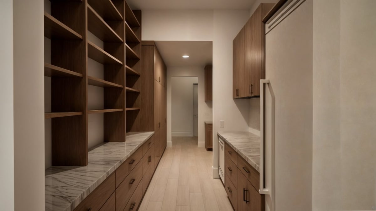 Functional custom home pantry designed with extensive cabinetry and workspace by Bort Design in Longview, TX.-optimized