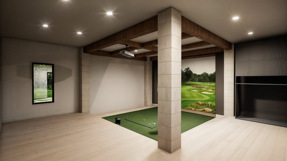 Luxury custom home entertainment room featuring an indoor golf simulator and custom cabinetry by Bort Design in Longview, TX.-optimized