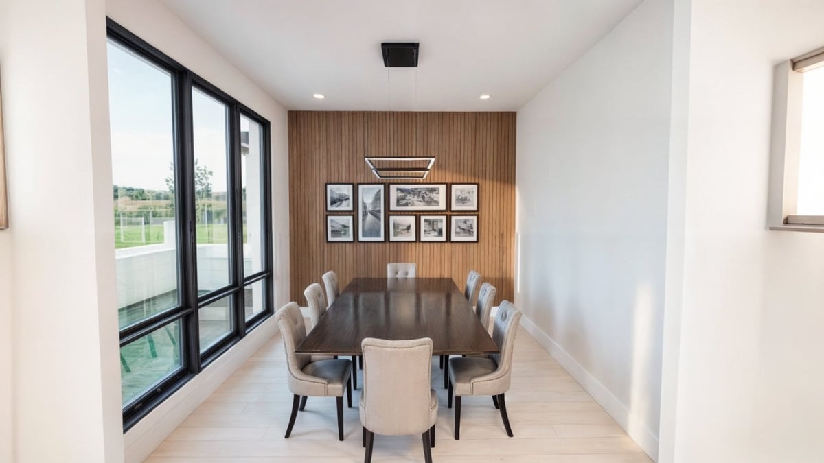 Modern custom home dining area featuring large windows and elegant architectural details by Bort Design in Longview, TX.-optimized