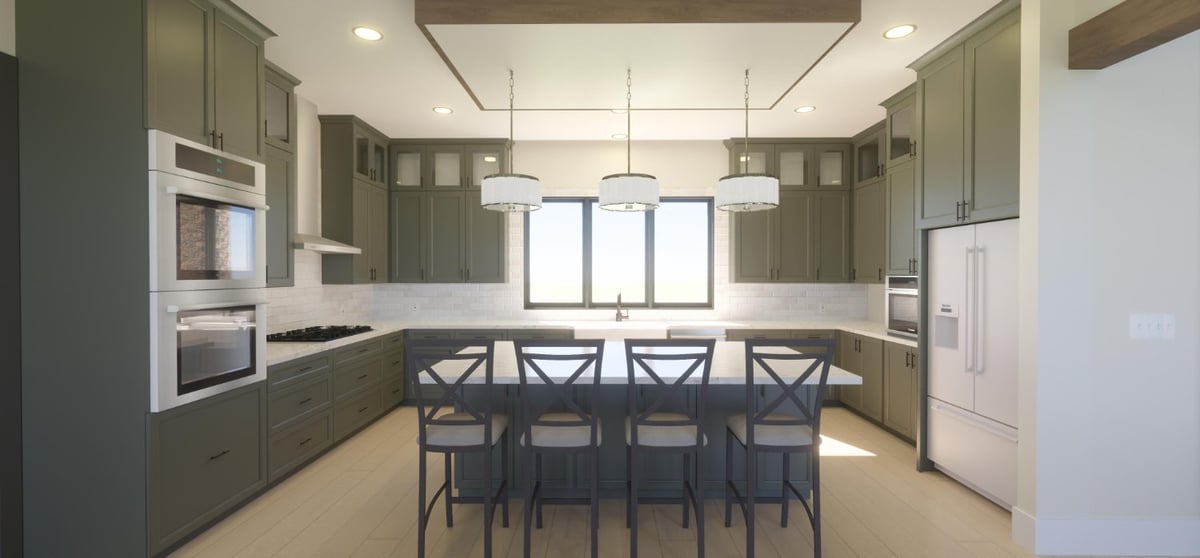 Bort Design custom home kitchen featuring custom cabinetry, a large island, and designer pendant lighting in Longview, TX.-optimized