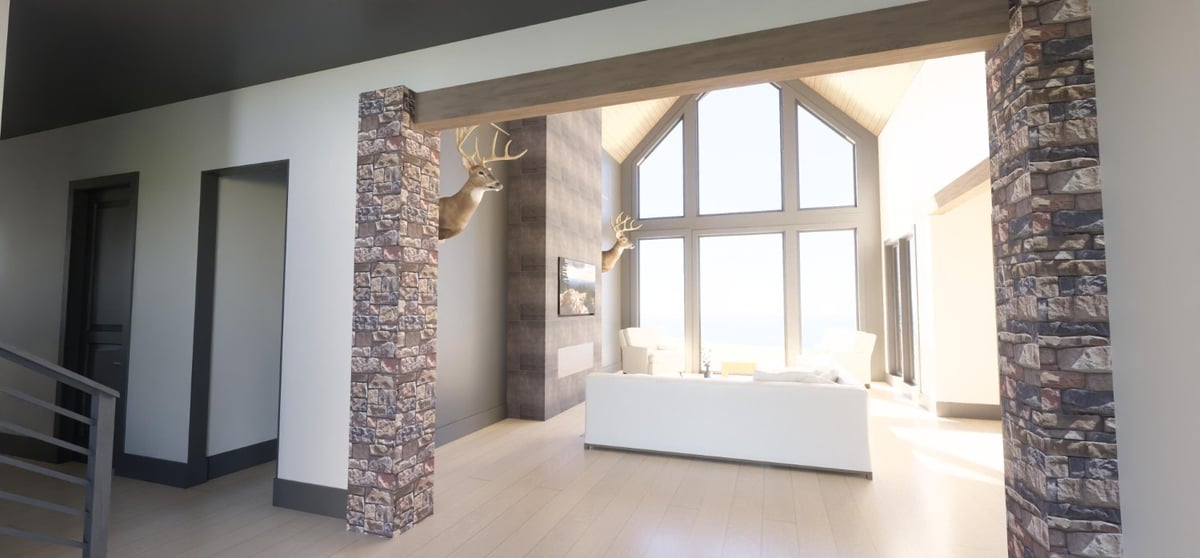 Contemporary custom home interior showcasing a dramatic fireplace wall and expansive window design by Bort Design in Longview, T-optimized