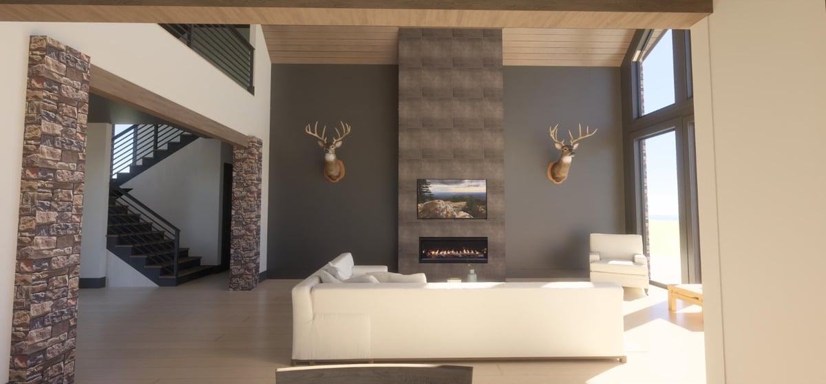 Luxury custom home living space with a modern fireplace, stone accents, and open-concept design by Bort Design in Longview, TX.-optimized