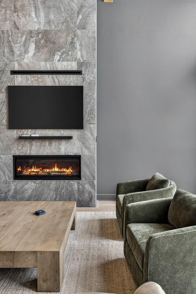 modern linear fireplace with gray tile surround in longview texas custom home