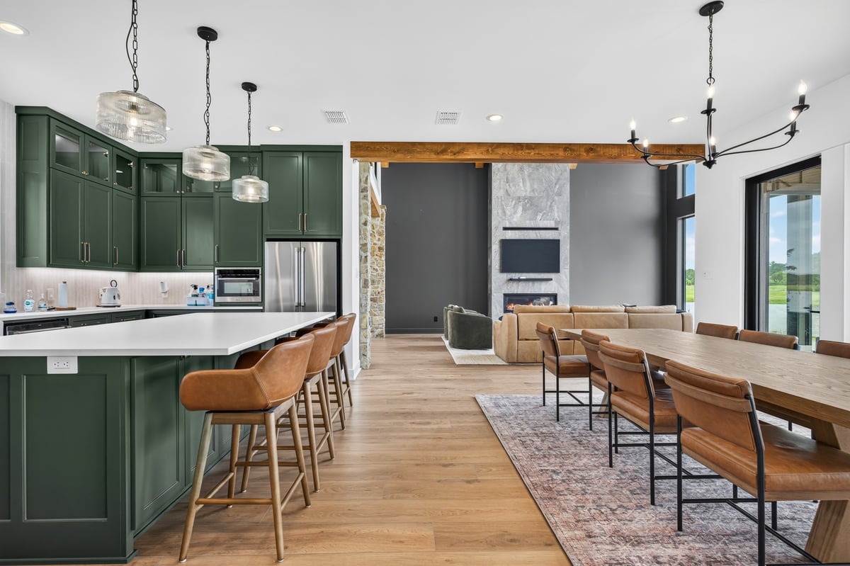 open concept kitchen dining and living room in longview texas custom home