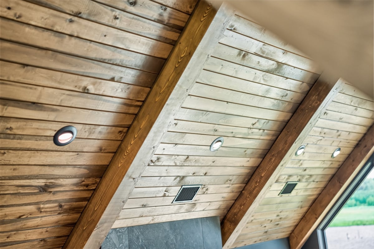 vaulted wood ceiling with exposed beams in longview texas custom home