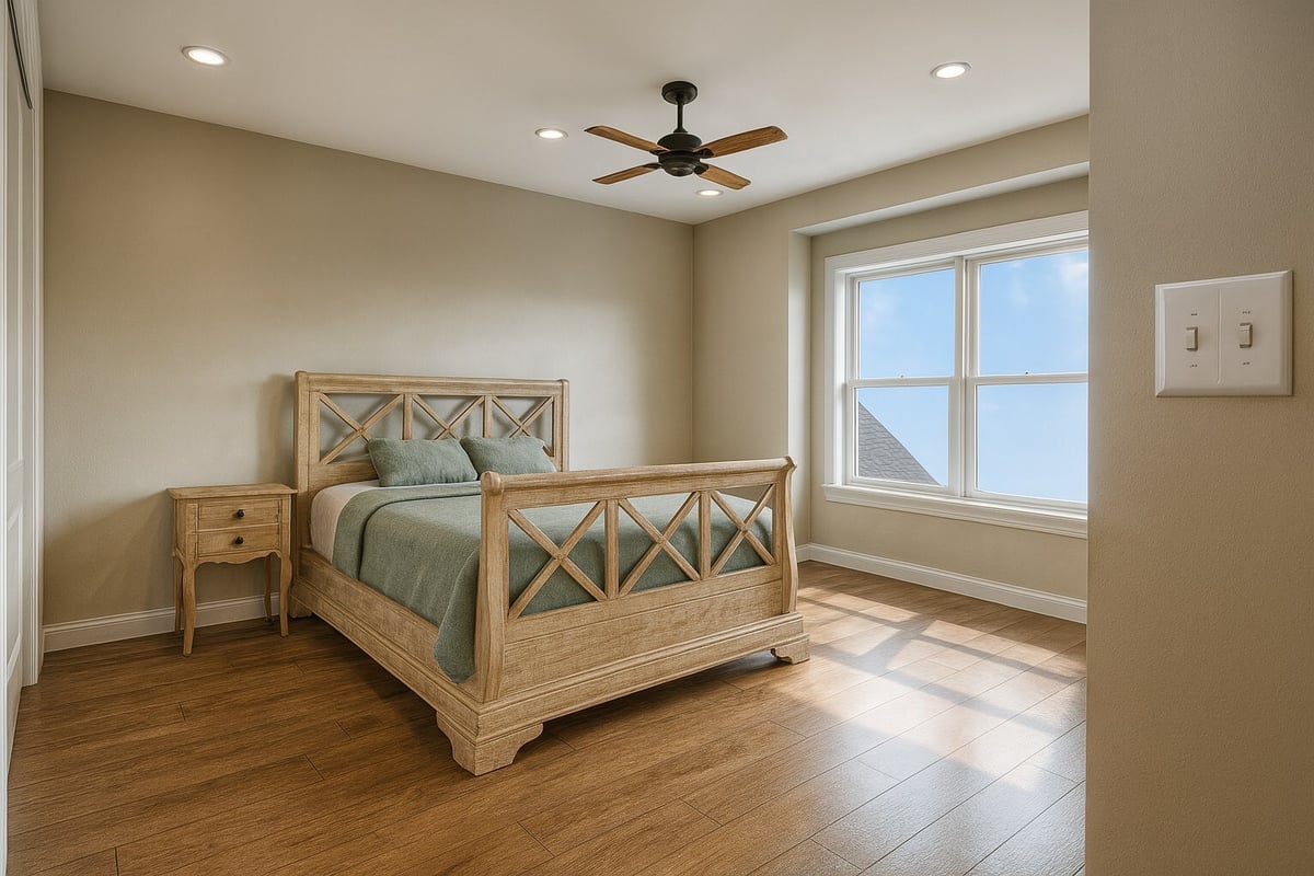 east texas custom home bedroom light wood sleigh bed green bedding ceiling fan bort custom homes