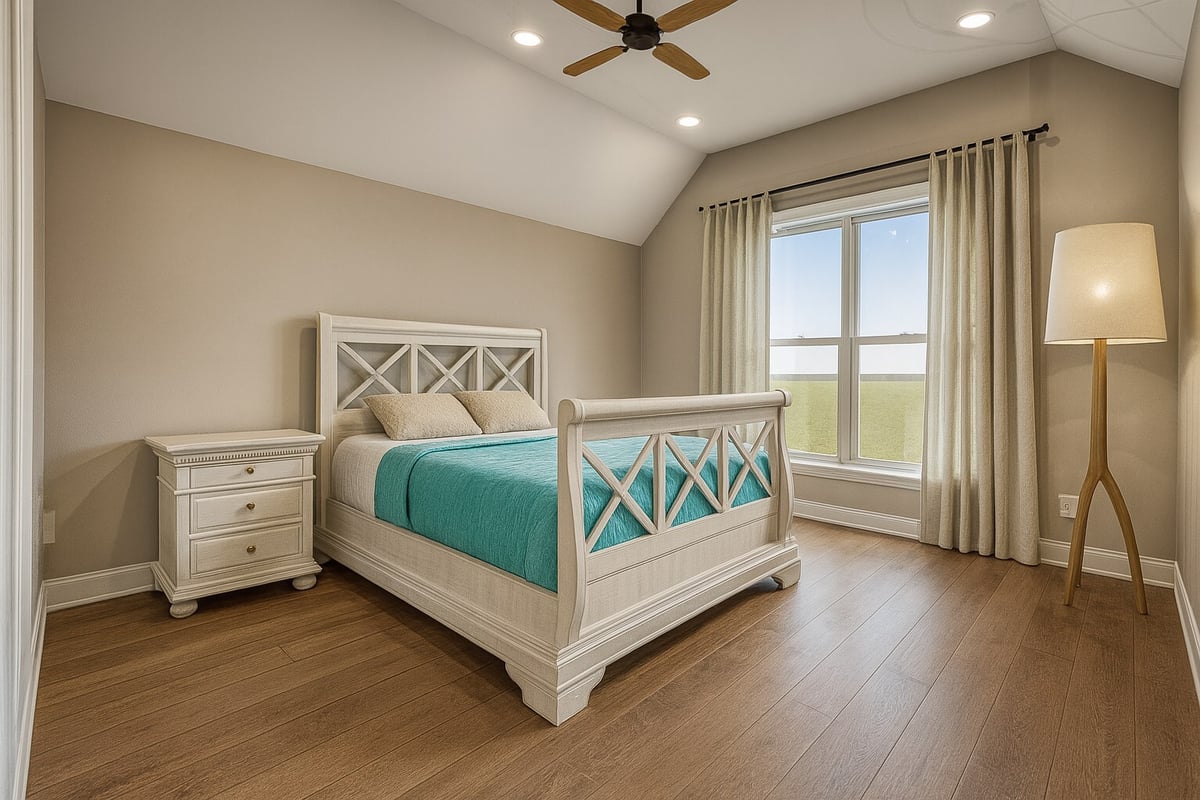 east texas custom home bedroom white sleigh bed teal bedding vaulted ceiling floor lamp bort custom homes