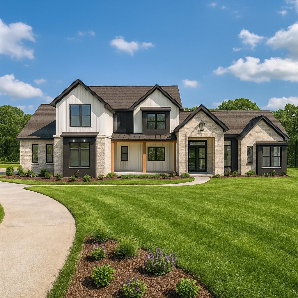 east texas custom home exterior two story stone and board batten farmhouse black windows bort custom homes