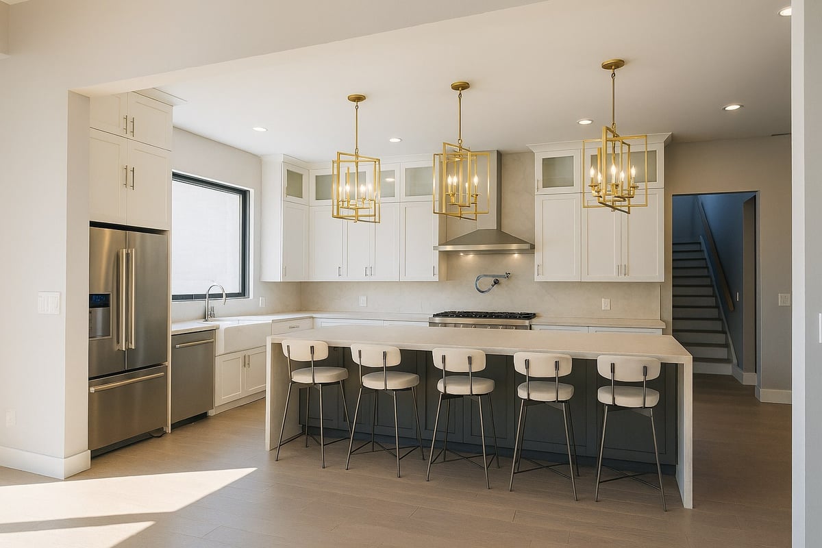 east texas custom home kitchen gold lantern pendants waterfall island white barstools bort custom homes