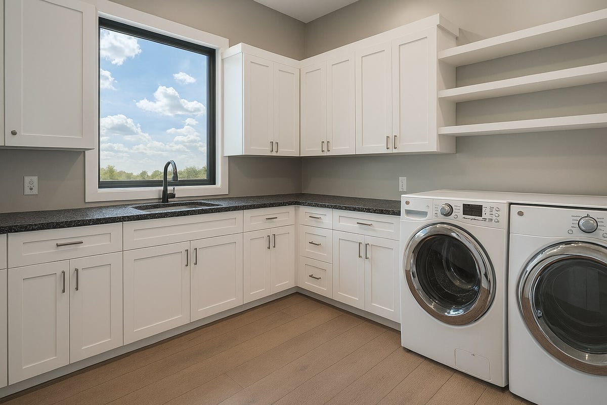 east texas custom home laundry room white shaker cabinets black granite front load washer dryer bort custom homes