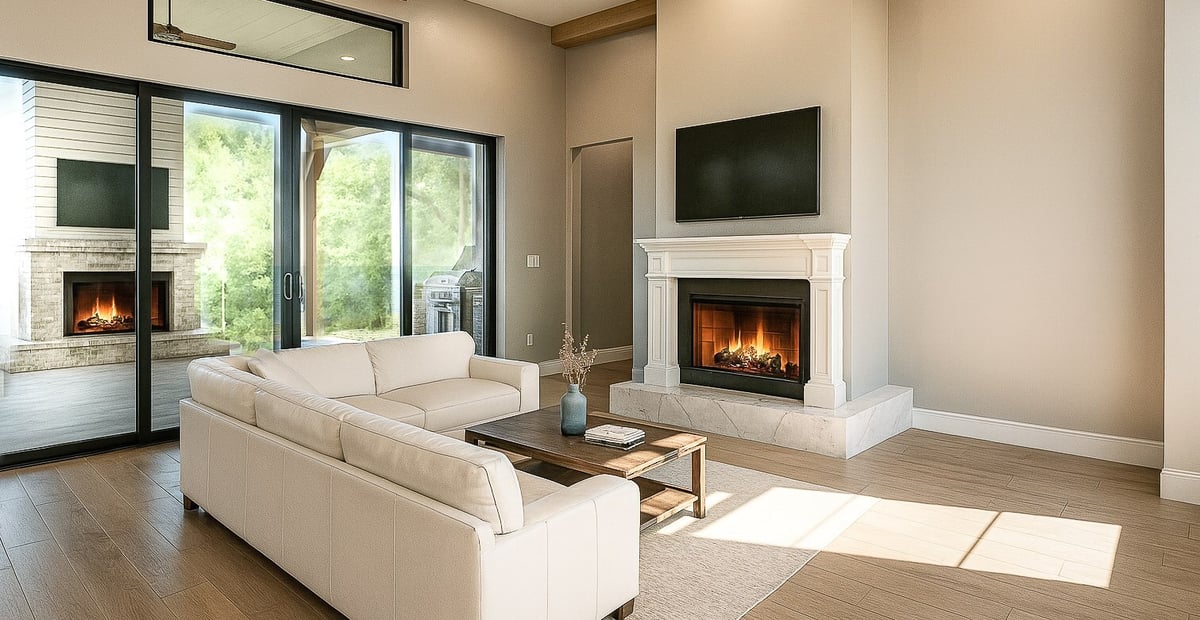east texas custom home living room white mantel fireplace mounted tv leather sofas bort custom homes