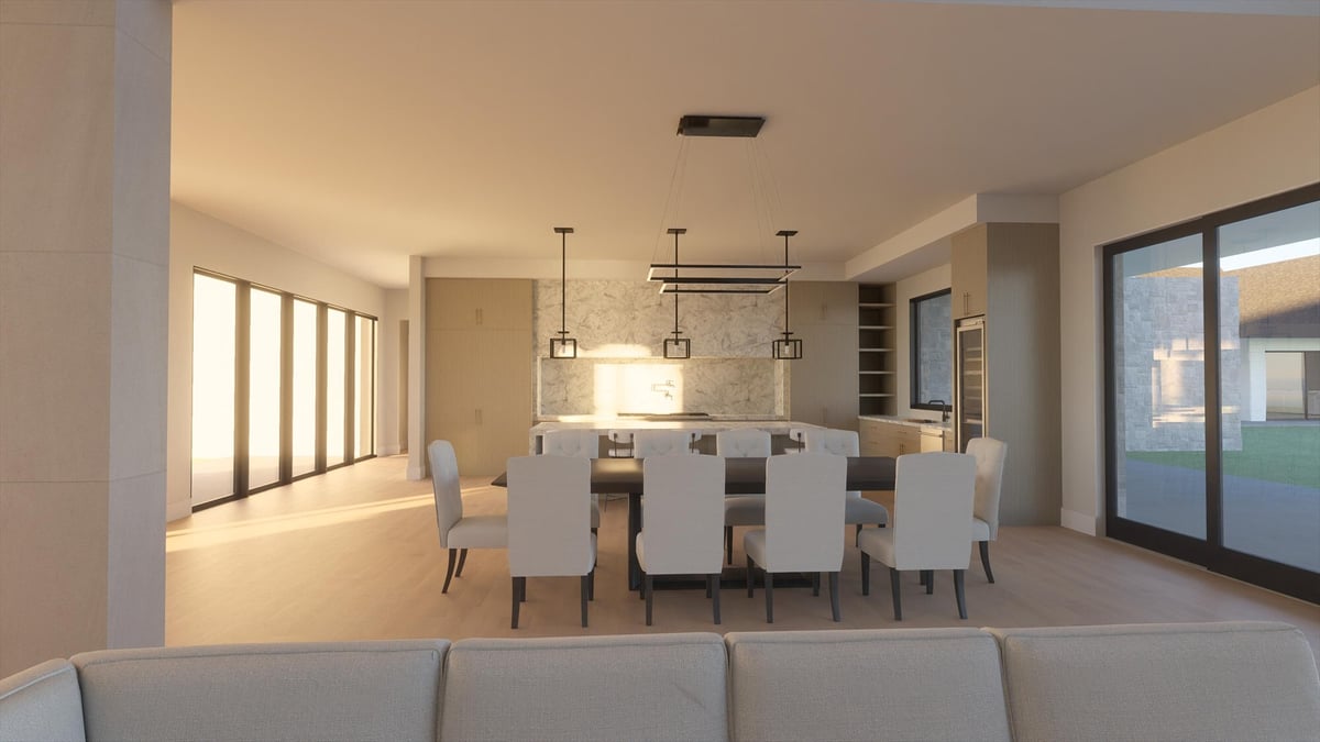 east texas custom home design dining area long dark table white chairs linear pendant