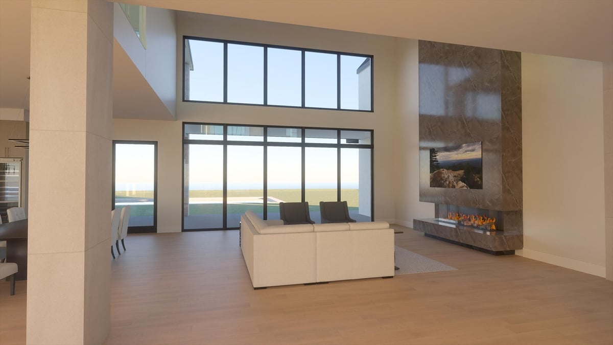 east texas custom home design great room two story windows linear fireplace mounted tv