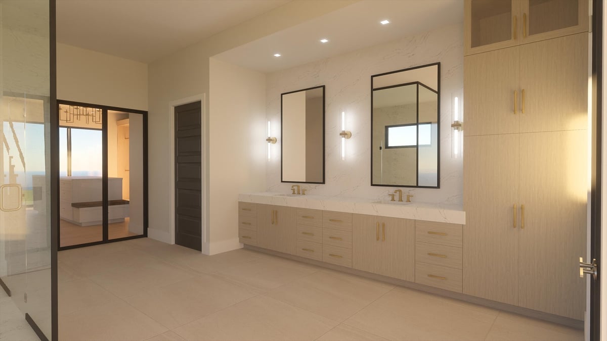 east texas custom home design primary bathroom double vanity black framed mirrors gold hardware