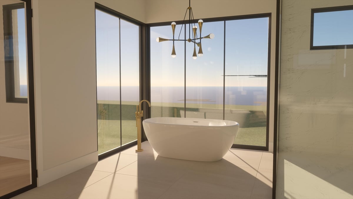 east texas custom home design primary bathroom freestanding soaking tub gold floor faucet corner windows
