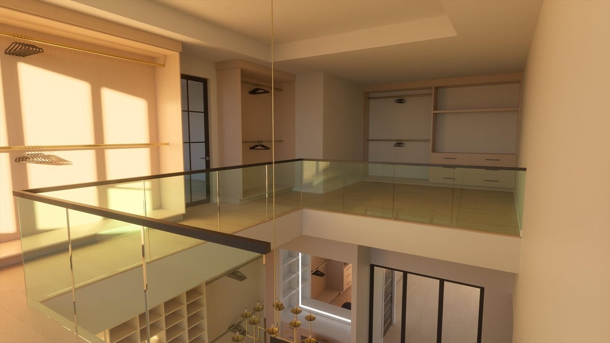 east texas custom home design two story closet glass railing overlook hanging rods