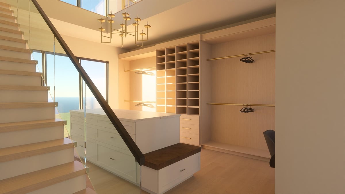 east texas custom design home walk in closet floating staircase glass railing gold chandelier
