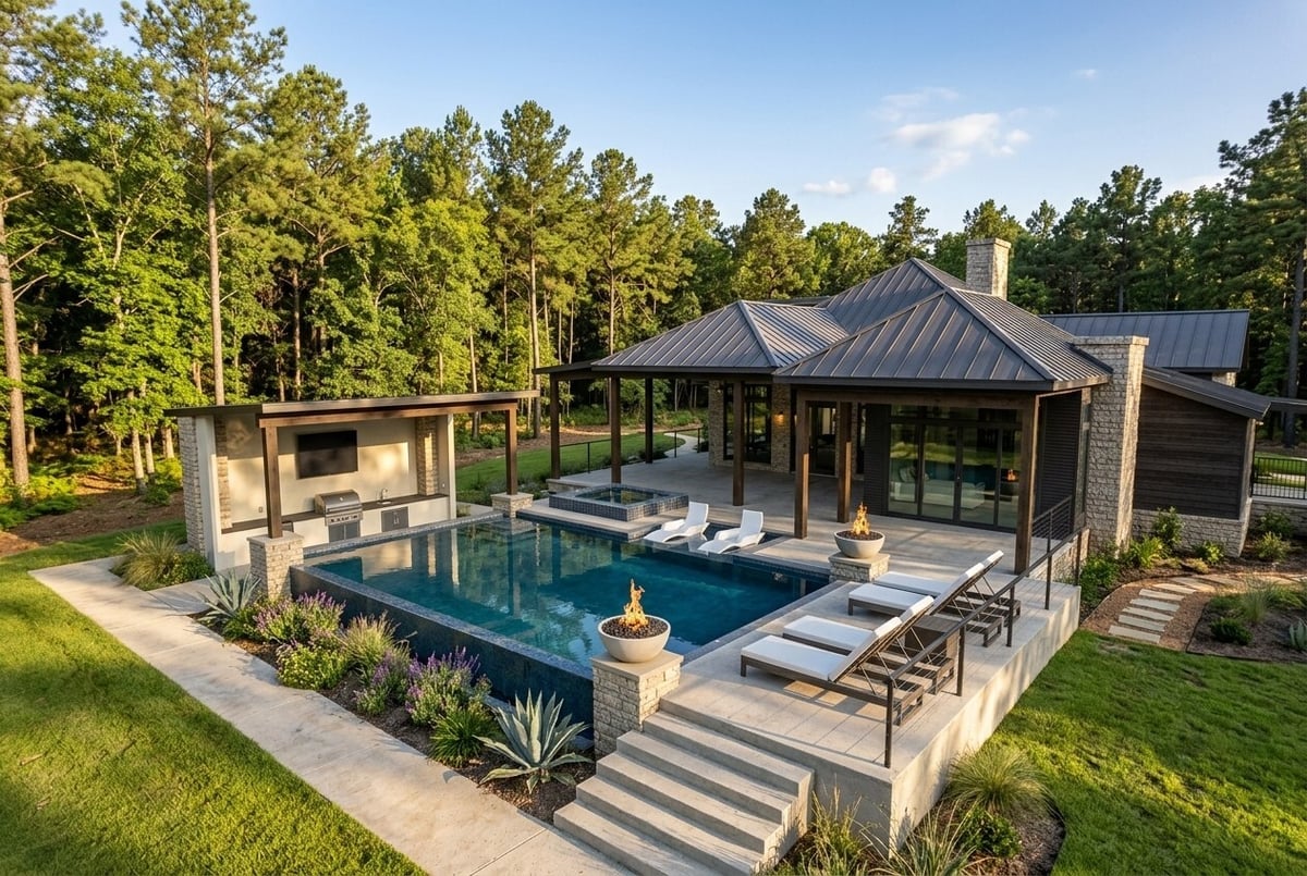 east texas home remodel aerial exterior pool outdoor kitchen metal roof bort custom homes