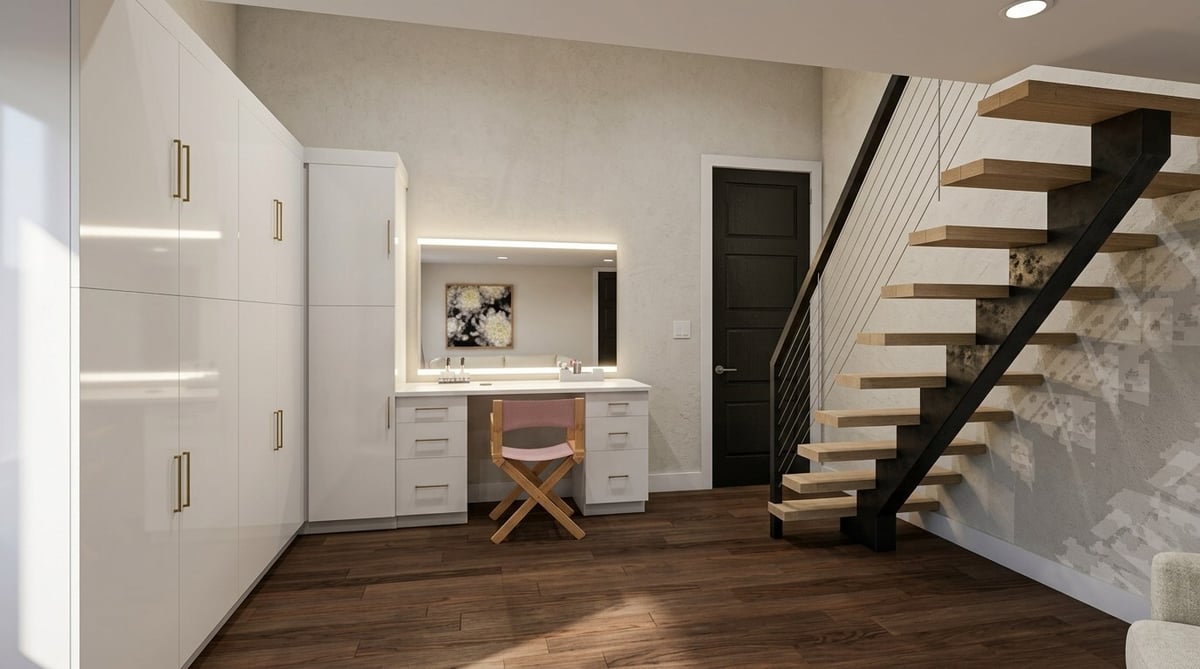east texas home remodel dressing area vanity white cabinets floating staircase bort custom homes