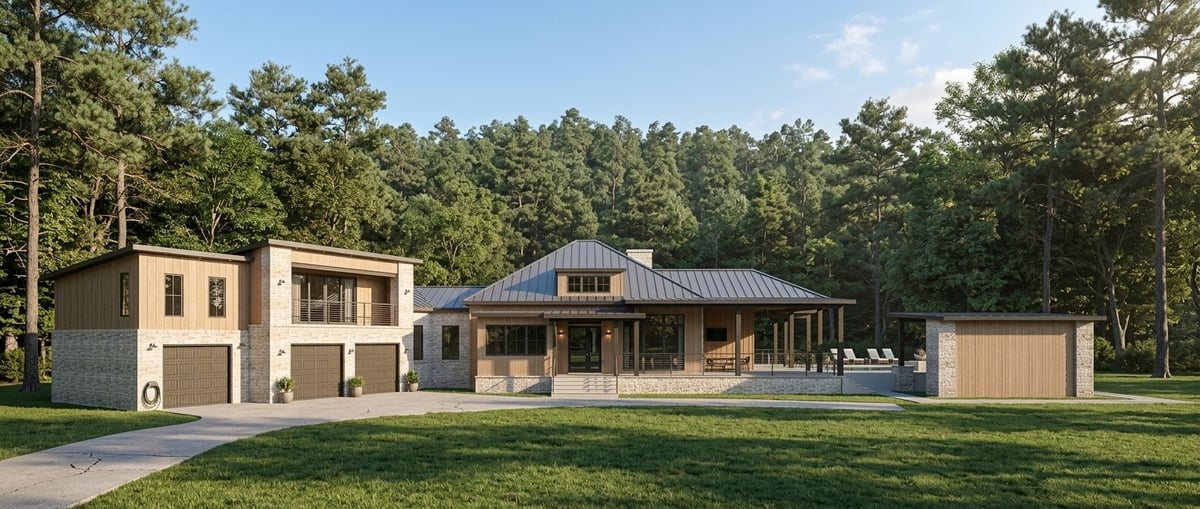 east texas home remodel exterior metal roof stone and wood garage bort custom homes