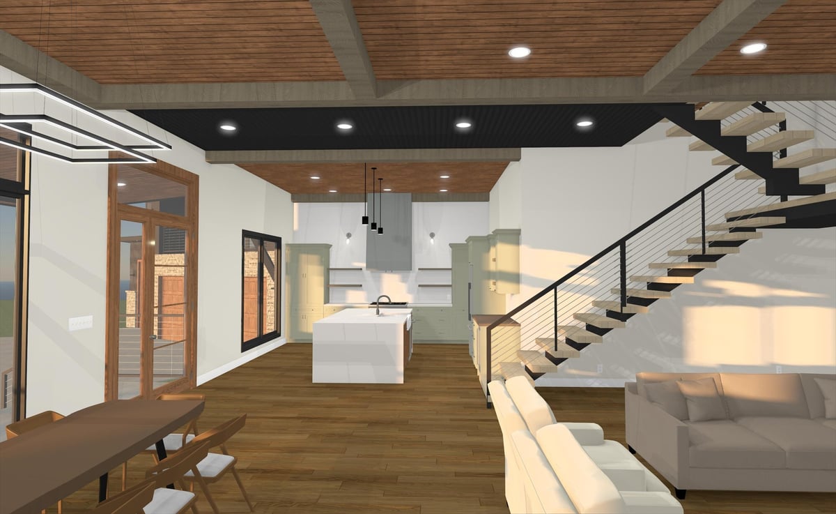 east texas home remodel kitchen floating staircase white island wood beam ceiling bort custom homes