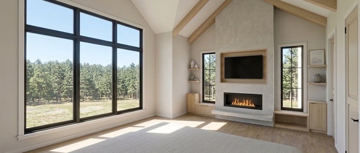 east texas custom home bedroom vaulted ceiling linear fireplace mounted television forest window views bort custom homes