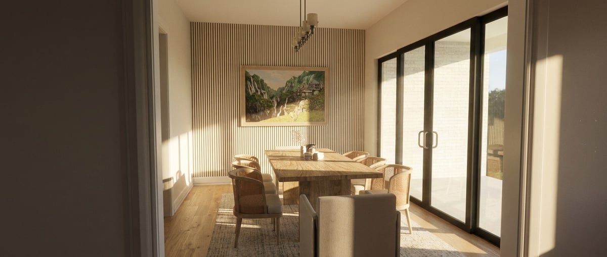east texas custom home dining room slatted wood wall sliding glass doors framed landscape art bort custom homes