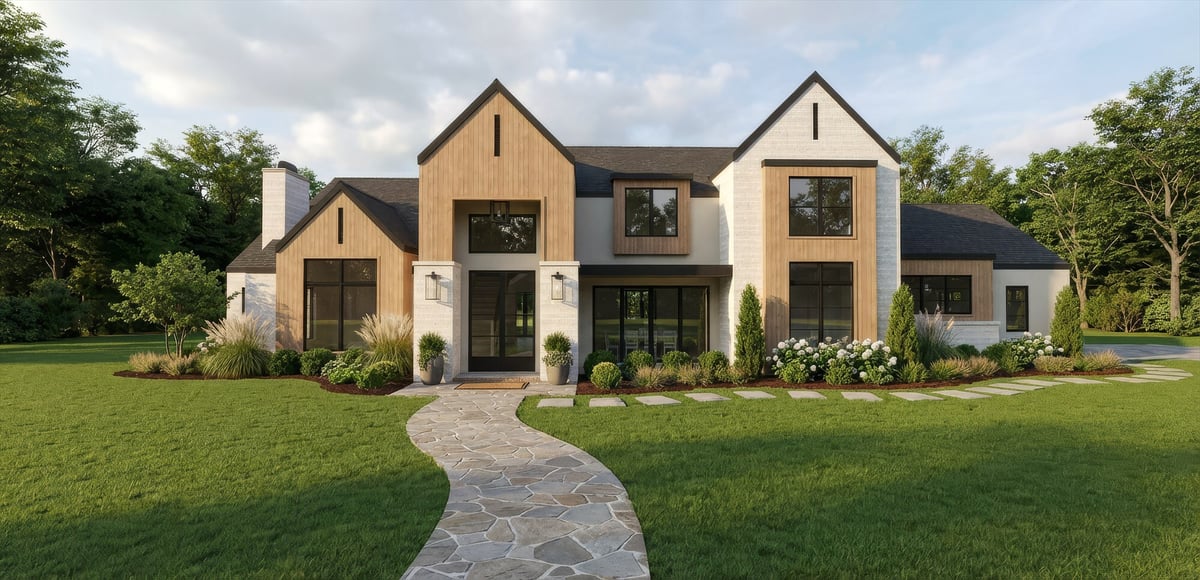 east texas custom home front exterior board and batten stone flagstone walkway gabled roofline bort custom homes