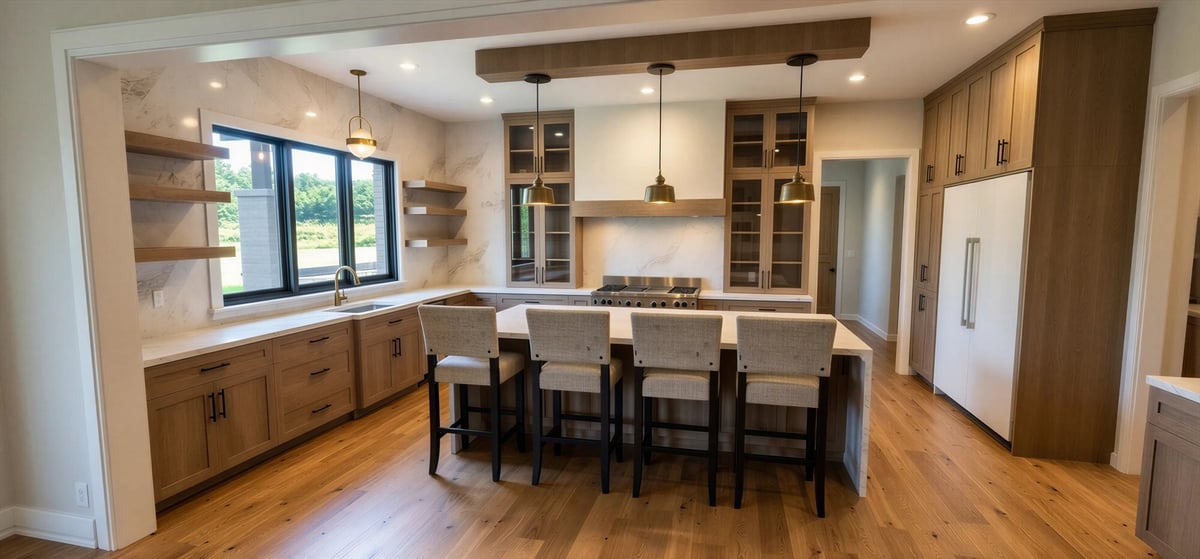 east texas custom home kitchen waterfall island upholstered barstools brass pendant lights marble backsplash bort custom homes