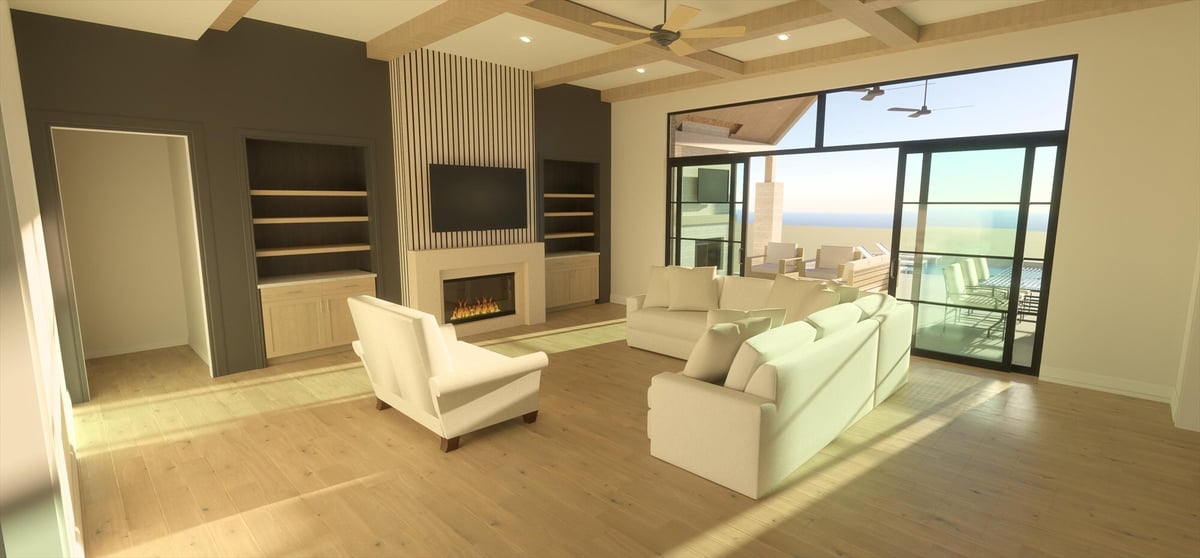 east texas custom home living room coffered ceiling linear fireplace built in shelves sliding doors bort custom homes