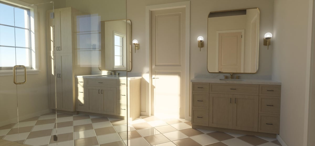 east texas custom home primary bathroom dual wood vanities glass shower checkerboard tile floor bort custom homes