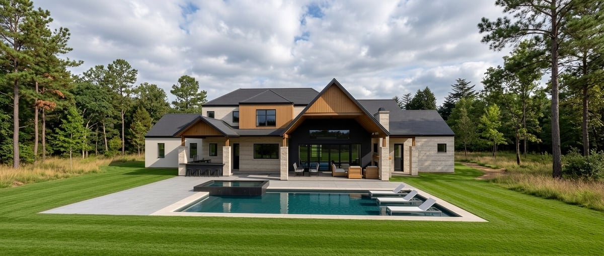east texas custom home rear exterior swimming pool spa covered patio wood gables bort custom homes