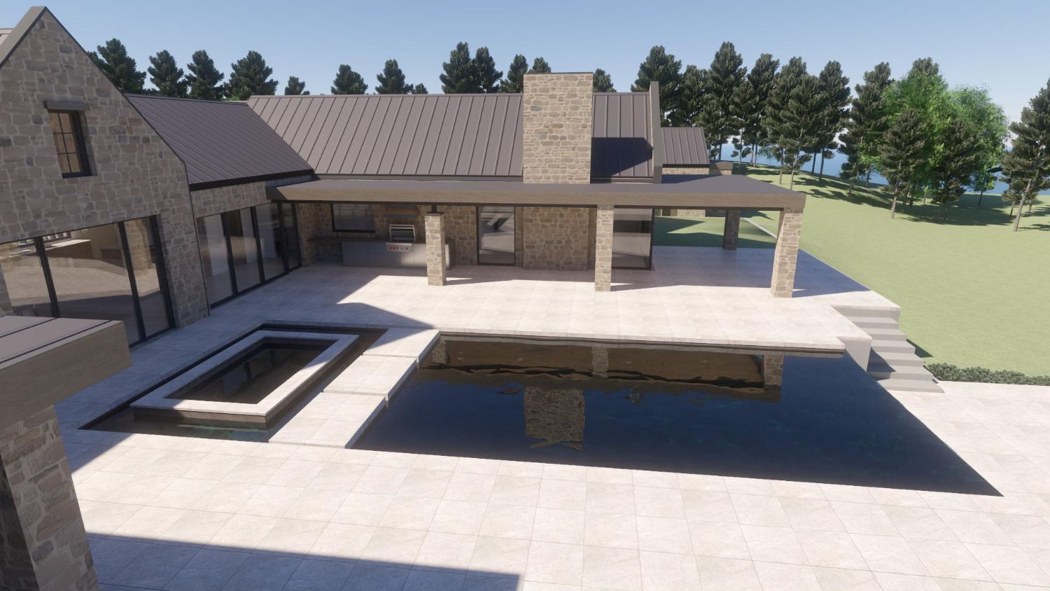 Luxury custom home backyard featuring a modern pool and expansive entertaining space designed by Bort Design in Longview, TX.-optimized