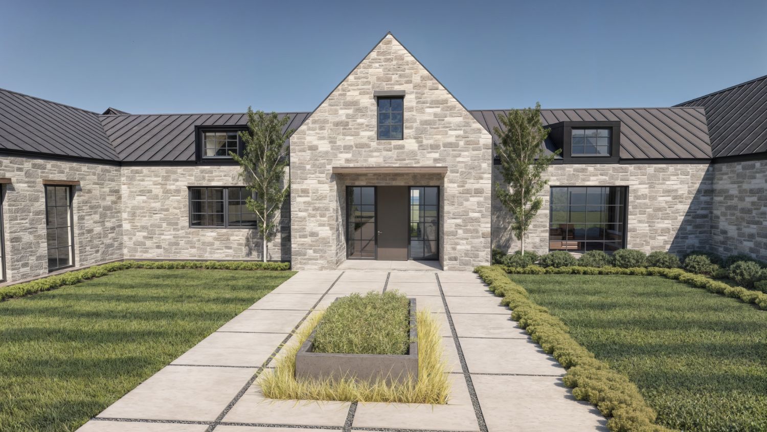 Luxury custom home entrance featuring symmetrical landscaping and natural stone construction by Bort Design in Longview, TX.-optimized