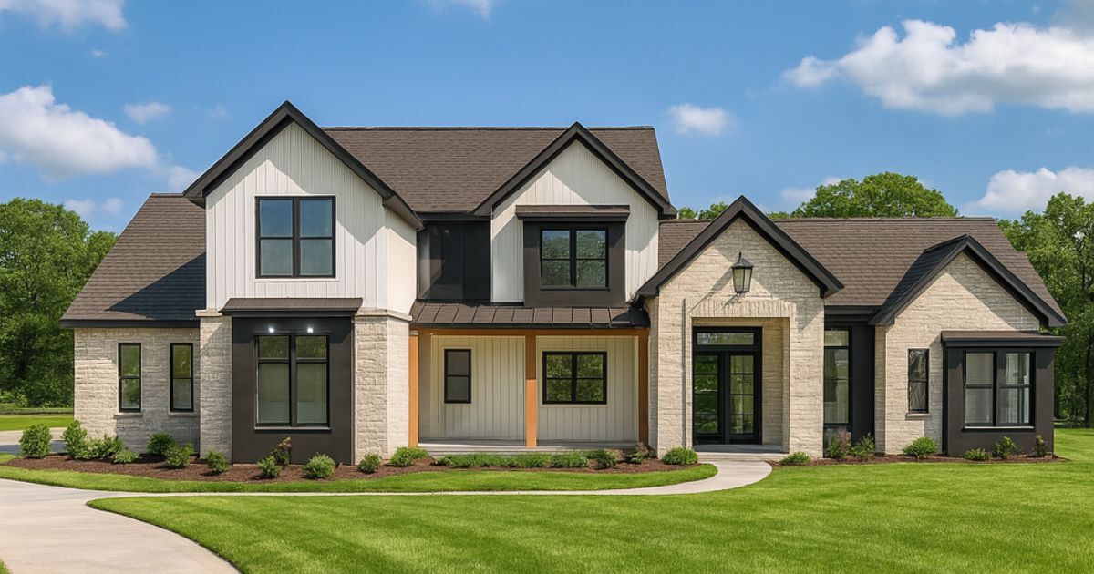 Two-story stone and board-and-batten farmhouse custom home exterior with black windows in East Texas