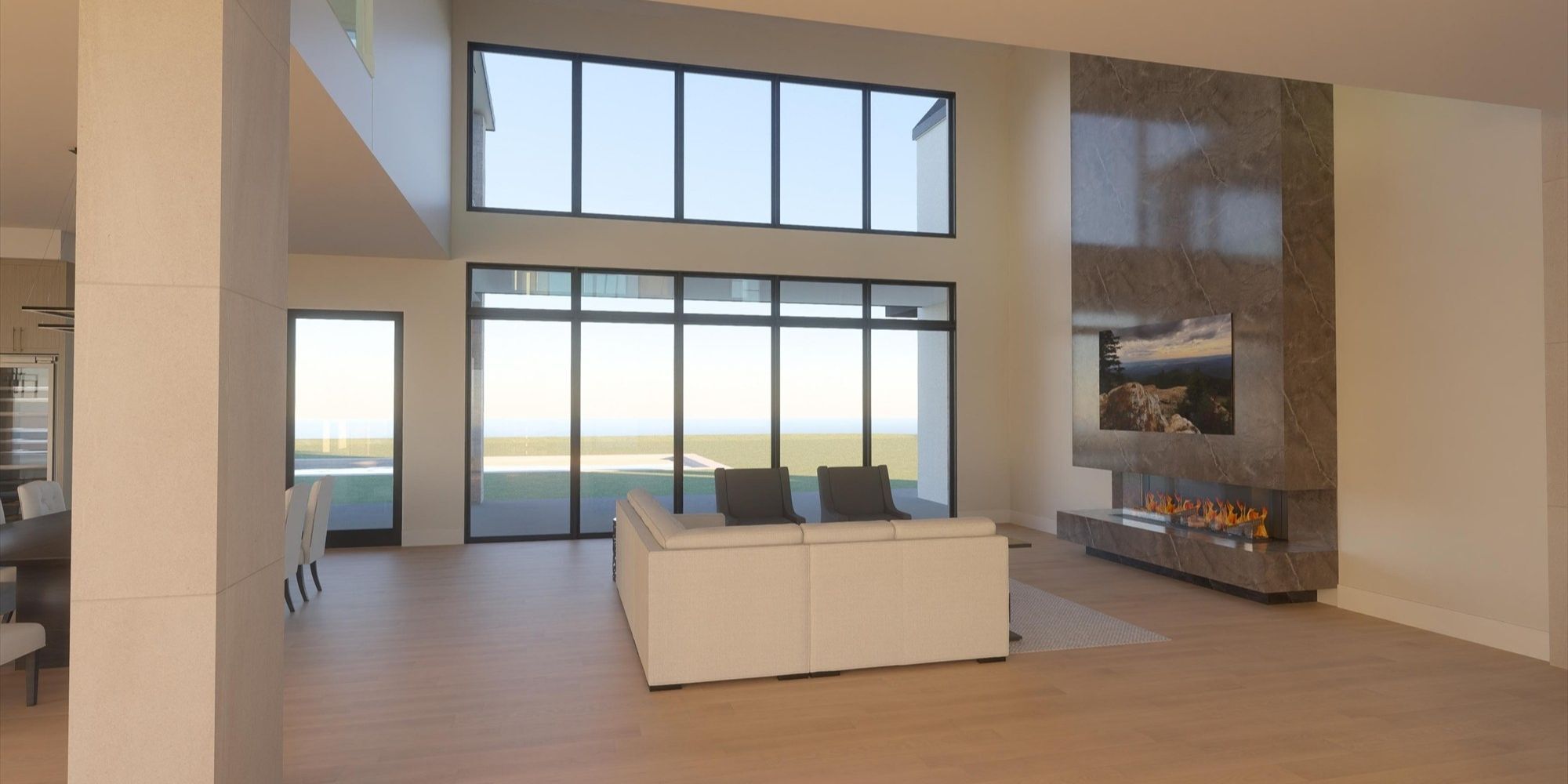 custom home great room two story windows linear fireplace mounted tv in East Texas