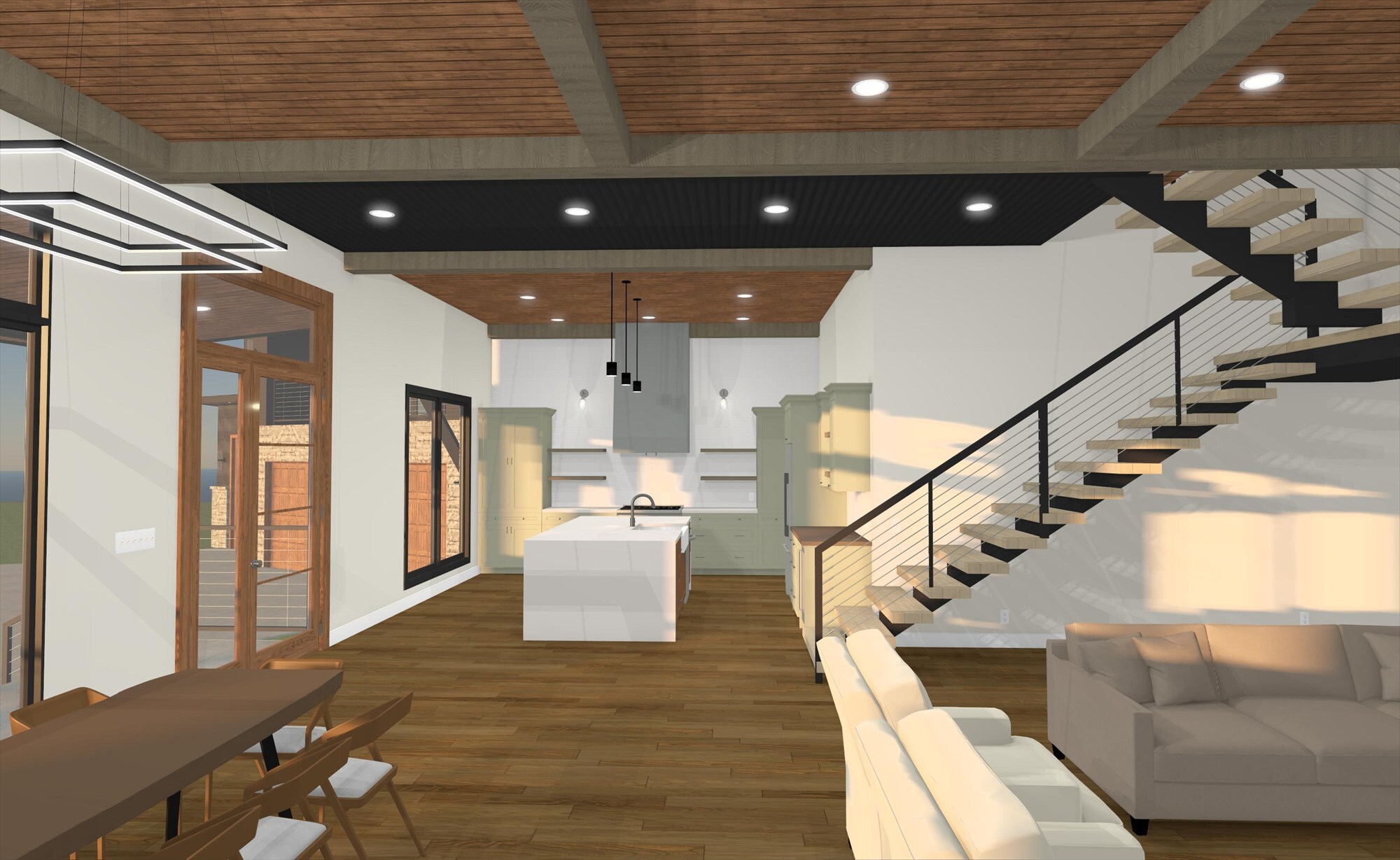 east texas home remodel kitchen floating staircase white island wood beam ceiling bort custom homes