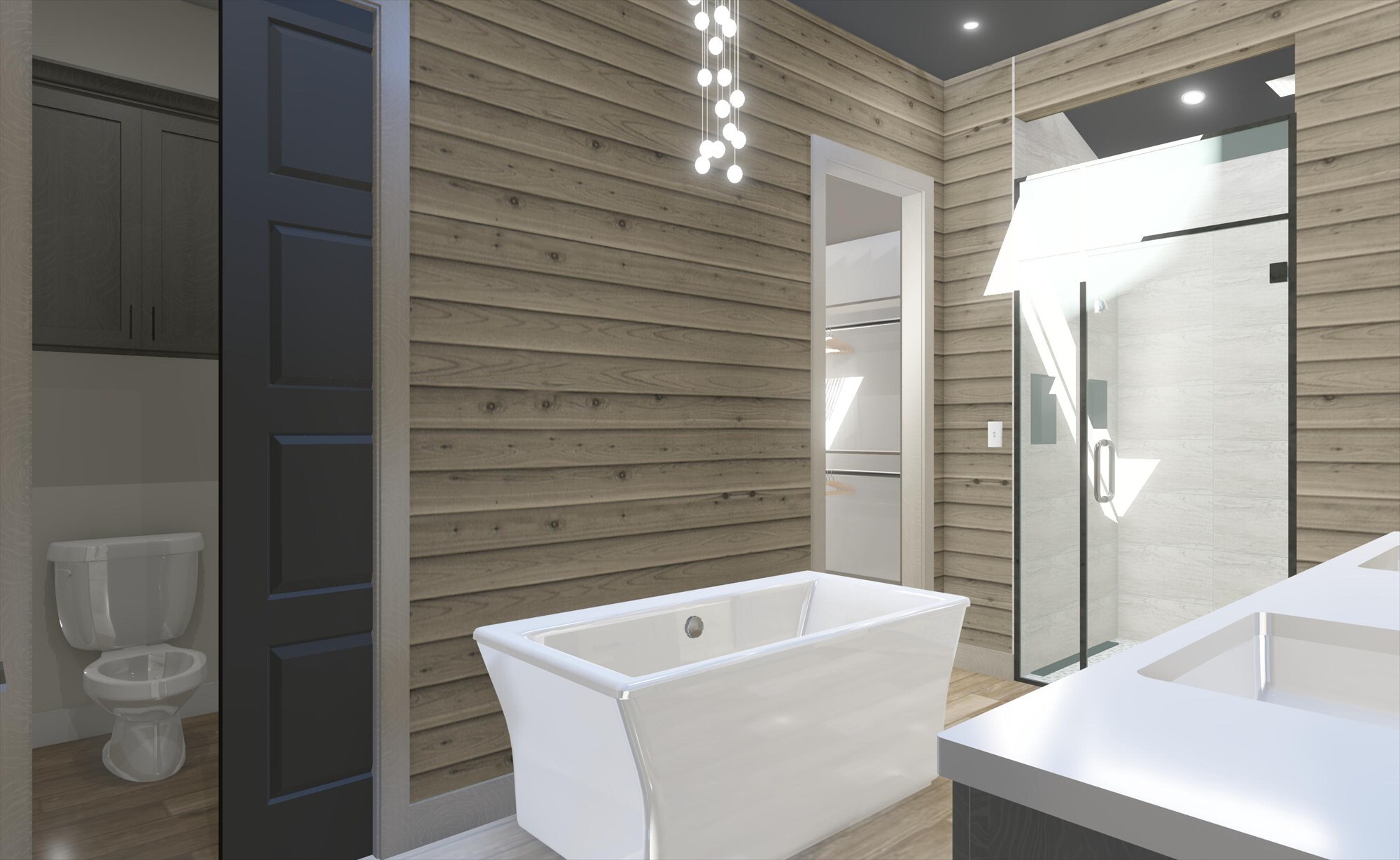 east texas home remodel primary bathroom freestanding tub glass shower wood walls bort custom homes