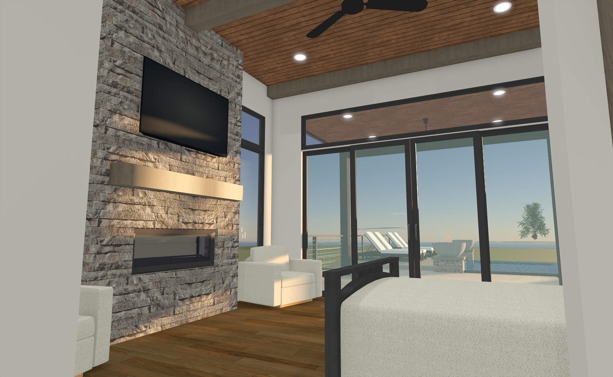 east texas home remodel primary bedroom stone fireplace mounted tv pool view bort custom homes