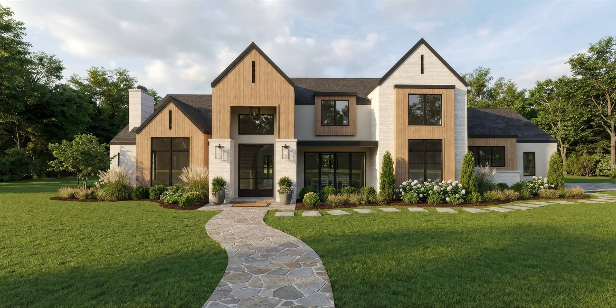 east texas custom home design front exterior board and batten stone flagstone walkway gabled roofline