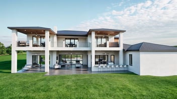 Bort Design custom home exterior featuring a two-story covered patio and expansive outdoor living space in Longview, TX.-optimized