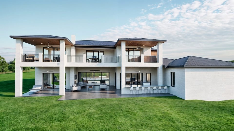 Bort Design custom home exterior featuring a two-story covered patio and expansive outdoor living space in Longview, TX.-optimized