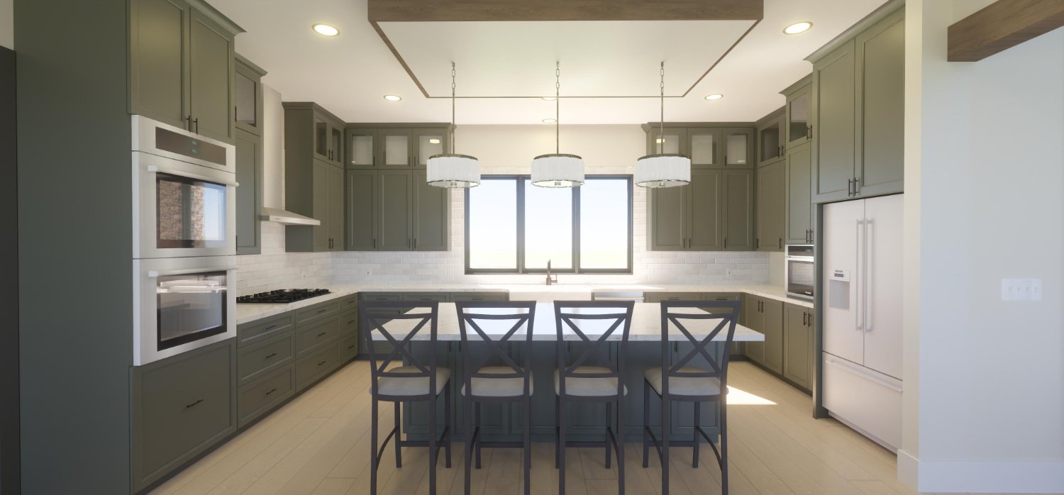 Bort Design custom home kitchen featuring custom cabinetry, a large island, and designer pendant lighting in Longview, TX.-optimized