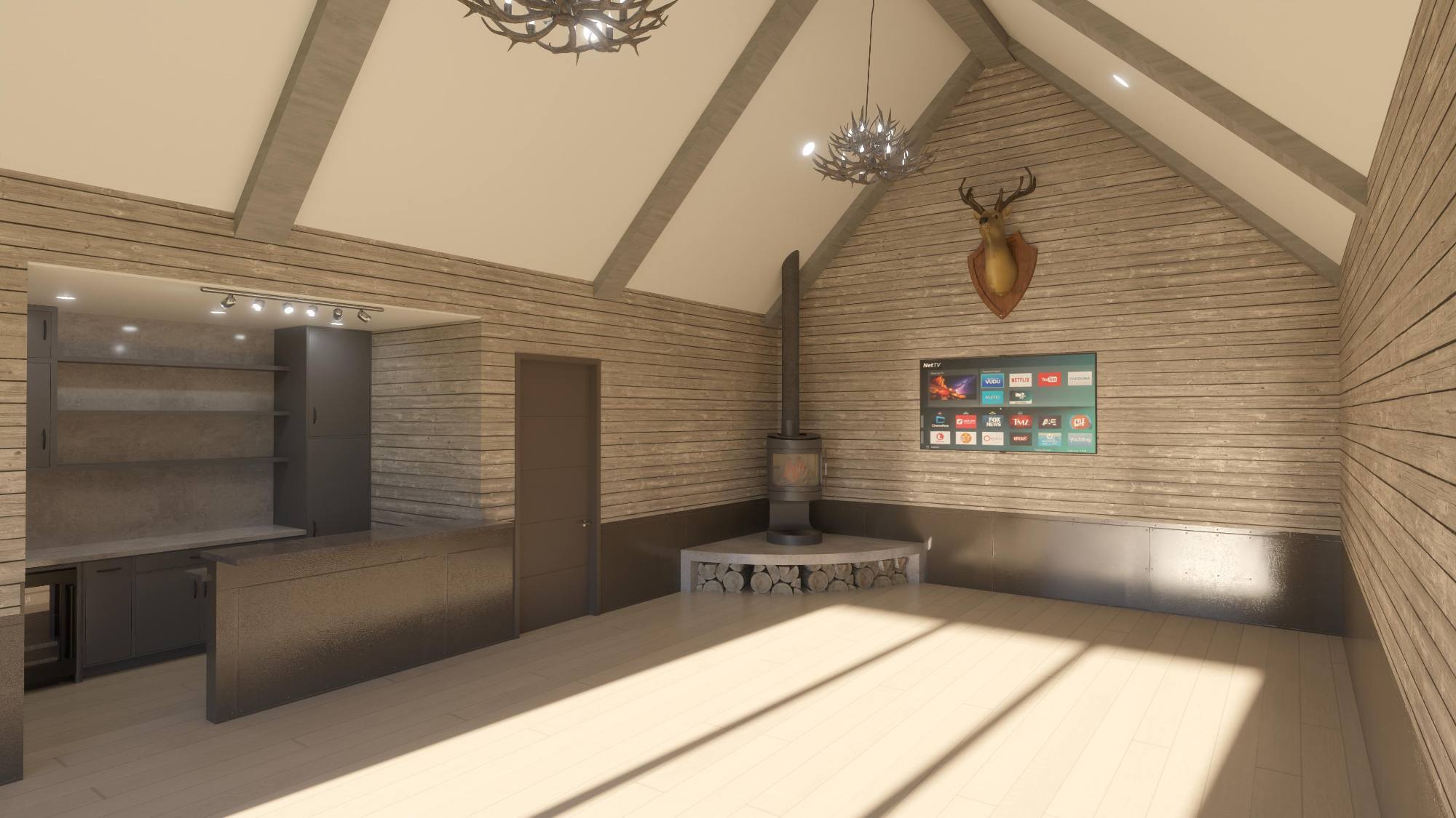 Rustic-inspired custom home game room designed by Bort Design with exposed beams and media wall in Longview, TX.-optimized